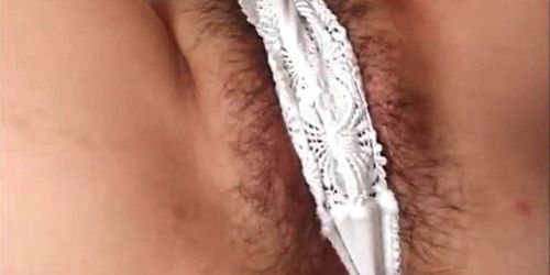 Two excited guys playing with jap hairy snatch in threesome