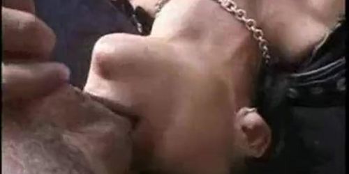 Muscle bound slut gets in sex swing then gives great head to this guy