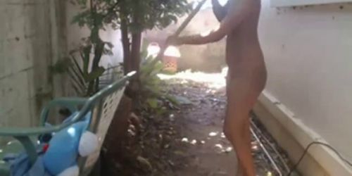 sexy asian clean the backyard nude