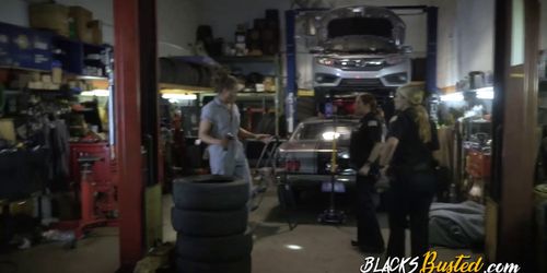 Milf cops make mechanic strip down and bang their coochies hard