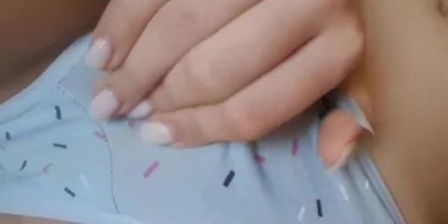 Horney bitch mastrubate in pink panties on her coach 