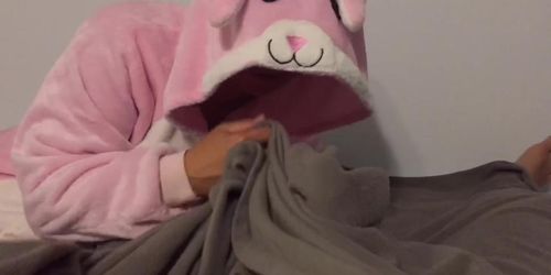 Fleece handjob from girl in bunny onesie 