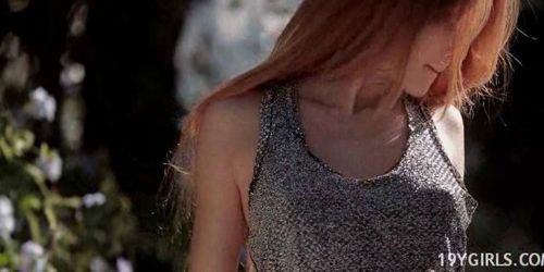 Real orgasm for an innocent teenie in a public garden