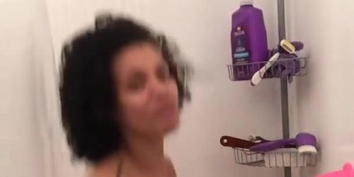 Having fun sucking and fucking my dildo in the shower