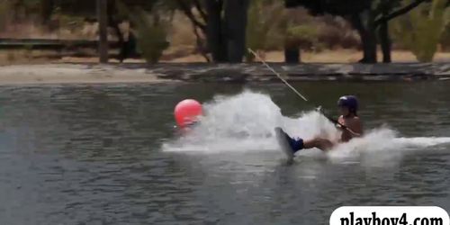 Curvy badass babes enjoyed wake boarding while all naked