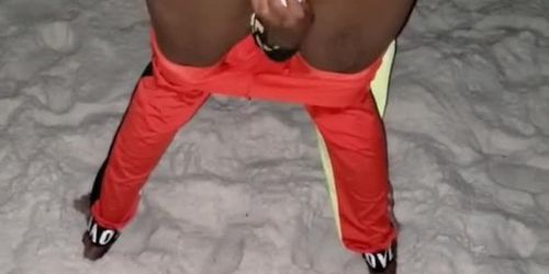 Sexy ebony fingering pussy and fucking dildo on public beach 