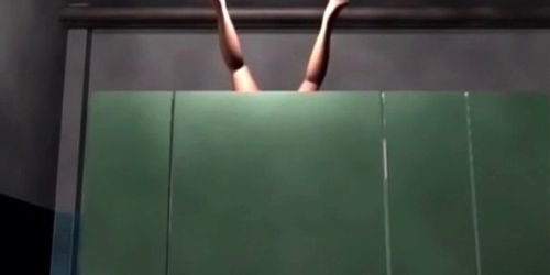 Hentai babe zuigt lul ondersteboven in openbaar toilet