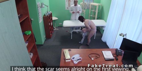 Doctor fucks chubby patient on a desk in fake hospital