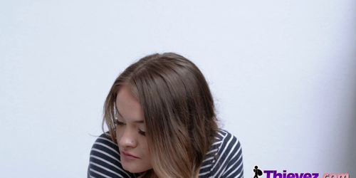 Cute teen is sucking a huge cock to avoid jail time
