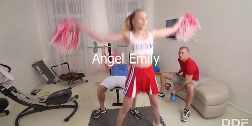 Submissive schoolgirl Angel Emily gets ass & mouth with filled with 2 cocks