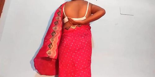 Teen Girl Red Saree Strip For Her New Web Cam Show