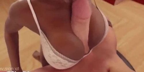 Ebony slut TITTYFUCKs a big horny futa dick