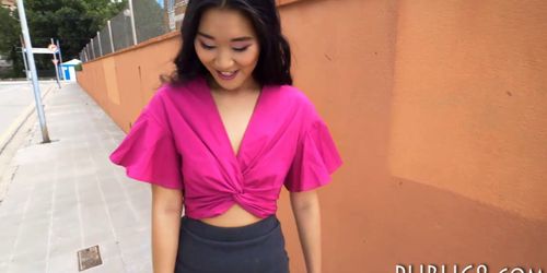 Gorgeous asian beauty flashes tits and fucked in public