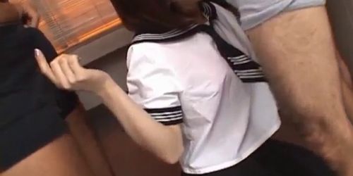 ALL JAPANESE PASS - Morimoto Miku in school uniform sucks and licks three penises