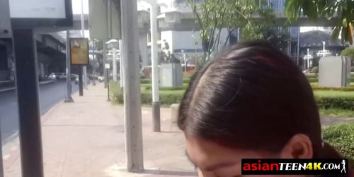 Tiny Asian teen is riding a huge white dick in a motel room