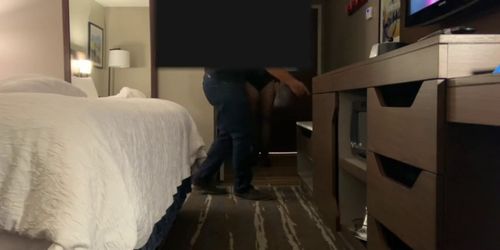 Milf Wife Seduces delivery boy at Hotel as husband hides