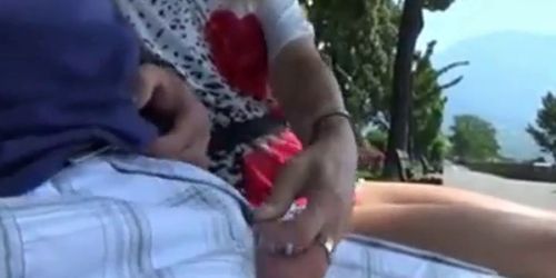 Casual Public Handjob With Cumshot On Her Feet