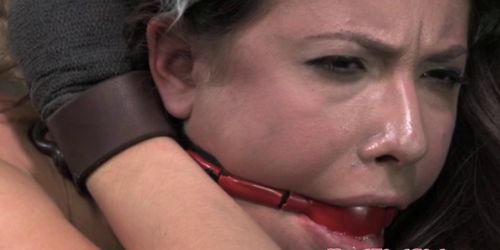 Gagged and hogtied sub has pussy teased