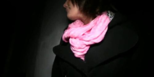 Busty brunette babe flashing boobs in dark alley - video 1