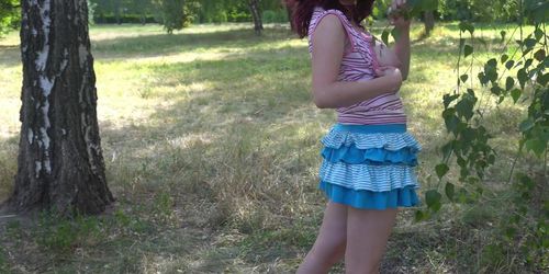 Sexy girl walk topless in public park and almost get caught, upskirt nopanties