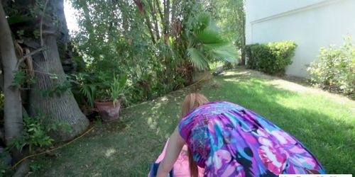 Stepson fucks his busty redhead MILF stepmother outdoor (Lauren Phillips)