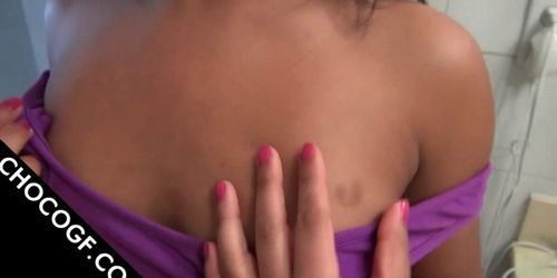 Dick sucking Choco slut flashing her hot tits