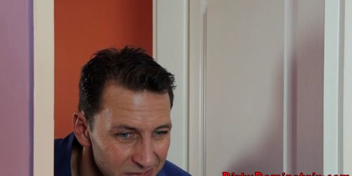 Pretty dominatrix masturbates with cucumber