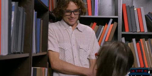 Tiny nerdy schoolgirl fucked in the library by another nerd (Ariel Grace)