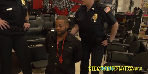 Criminal gets his black long cock sucked by perverted milf cops