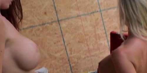 Models taking advantage of dildo by forcing it into their pussies