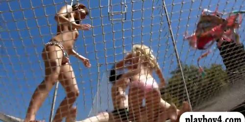 Sexy badass babes tryout swinging up in the air while naked