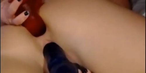 Girl with wet pussy and asshole masturbating with didlo on webcam