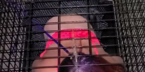 MILF caged and pissed on by Master and she thanks Him for golden shower