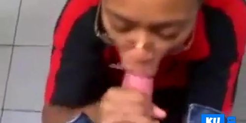 Black Store Clerk sucks white cock on the job Ebony