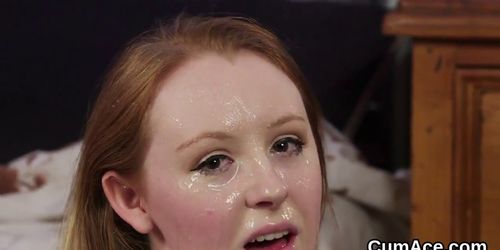 Horny beauty gets cum load on her face eating all the load