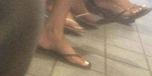 Two Hot College Girls with White Toes Dangling Flip Flops by the Train (NMW, from YT)