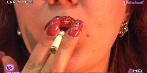 Shiny painted lips sucking a cigarette