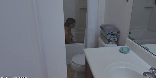 Spying on my masturbating latina MILF stepmom in bath (Kat Dior)