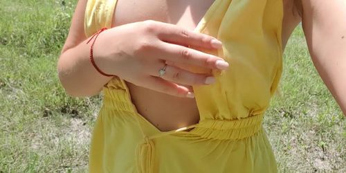 Hot tits near lake. Teen outside play