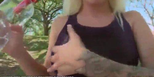 Hot blonde masturbates with a huge dildo at home after a jog