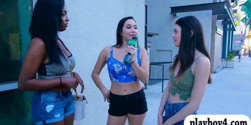 Two pretty girls flashing boobs in public for some cash