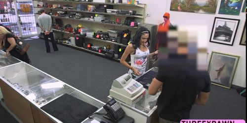Desperate Latina flaunts tits and gives pawnshop owner paid blowjob