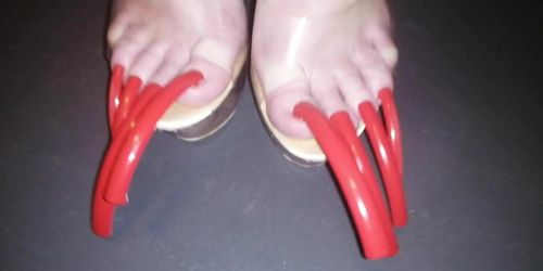 LADY L CLEAR HIGH HEELS AND MEGA LONG RED NAILS video short version