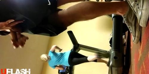 Cum behind blonde milf at gym