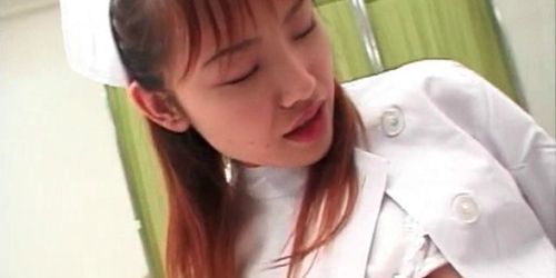 Slutty jap nurse in stockings eating large dick for a pussy lick