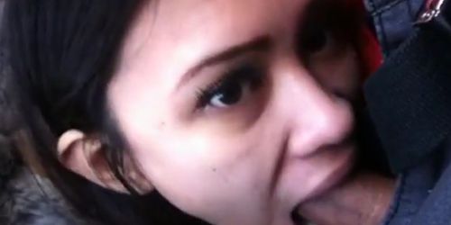 Asian girl deep throating cock in a car