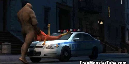 Hete 3D babe ligt op een politieauto en zuigt een monsterlul