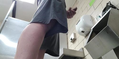 cruising and jerking off in public bathroom huge cum load uncut dck