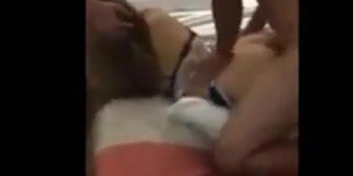 Girl gets spit roasted by strangers while bf jerks off