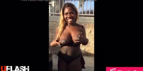 ebony with juicy boobs bounce in public